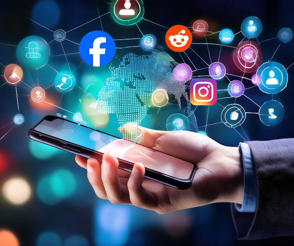 Smartphone with social media icons floating around it, representing online connection and community